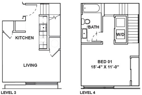 A floor plan shows a living area, kitchen, and bedroom on the second floor.